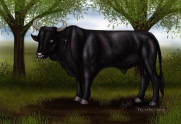 Ganado Vaca Toro Painting - toro negro debajo del árbol